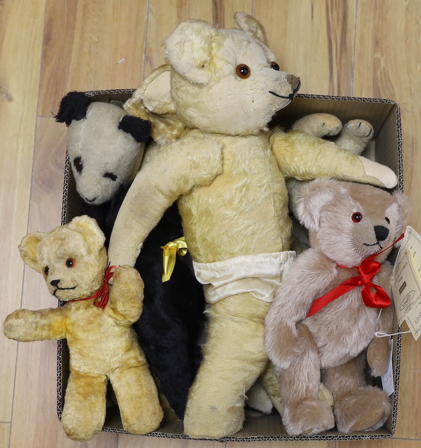 Two limited edition Deans Teddy Bears, three Puppet Bears inc. Panda and Sooty, one Panda large 1930's British Bear and six assorted Bears and dog